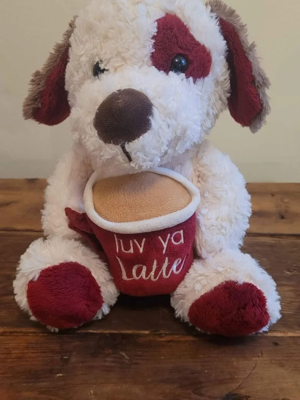 Plush Dog Toy with 'Luv Ya Latte' Cup - Cream and Red